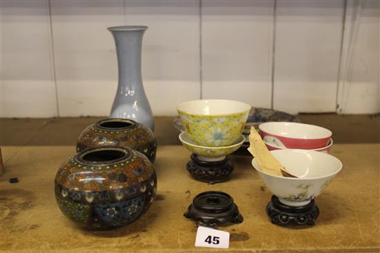 Chinese tea bowls, cloisonne pots etc